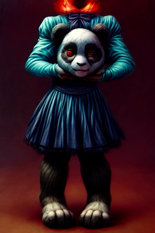 ((Full body)),panda girl,lolita fashion,red eyes,DisembodiedHead,holding head,headless,paws