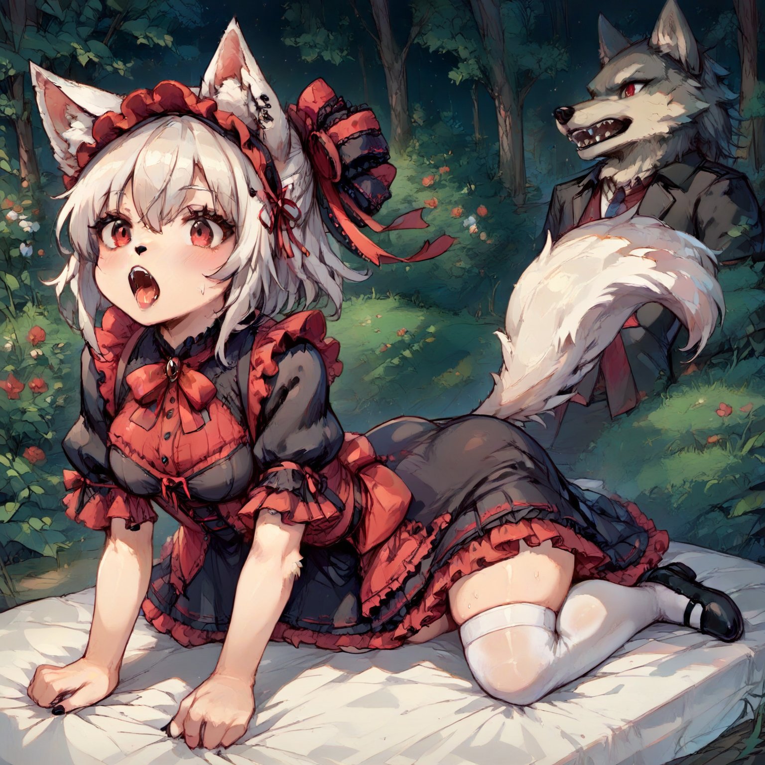 Wolf Girl in Gothic Lolita attire: a full-body portrait of a mystical figure with white fur covering her entire body, including ears and tail. Her piercing red eyes seem to hold a secrets as she poses confidently amidst a mysterious atmosphere. Score: 9+. Anime-inspired illustration with a hint of furry fantasy.,score_9,score_8_up,score_7_up,source_anime,BREAK