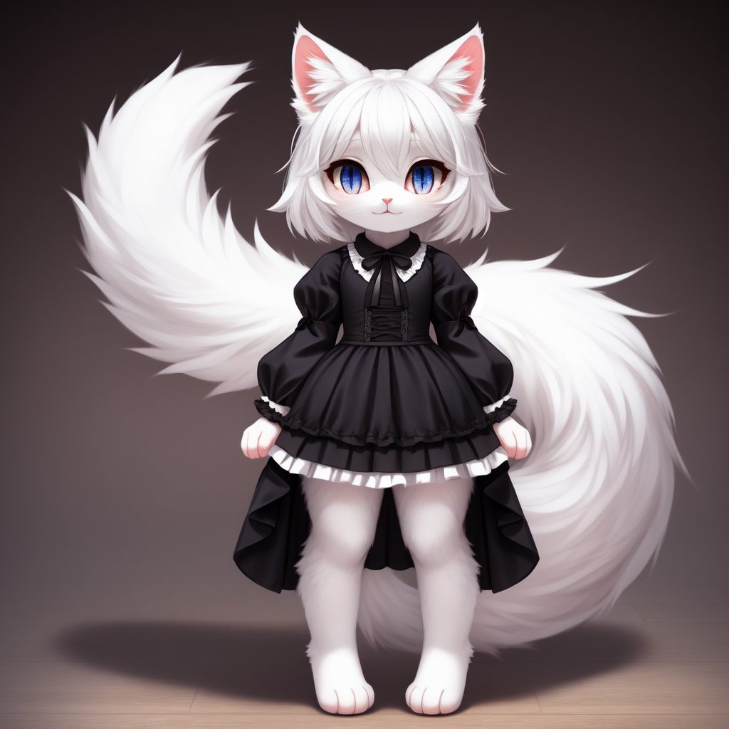 white neko girl, white cat ears, fluffy fur, fur body, white fur body, white fur, white fluffy cat tail, ((((full body)))), ((one tail)), two ears,cat eyes,split pupils, red gothic lolita, detail eyes