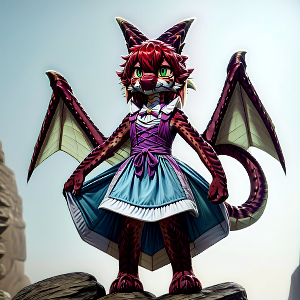 ((((full body)))), A majestic loli dragon neko stands before us. Her dark-scaled skin glistens in the soft, warm light, as if infused with an inner glow. Feline features are prominent - cat ears perked up and a long, fluffy tail extending from her posterior. A Lolita dress of mixed red, pink, and black patterns wraps around her slender form, creating a striking contrast against her dark scales. The overall composition is framed by a subtle gradient of blues and purples in the background, subtly evoking a sense of mystique and wonder.,green reptile hands,Monster girl,Dragon girl,furry,furry female,body fur,animal ear fluff,animal ears,fang