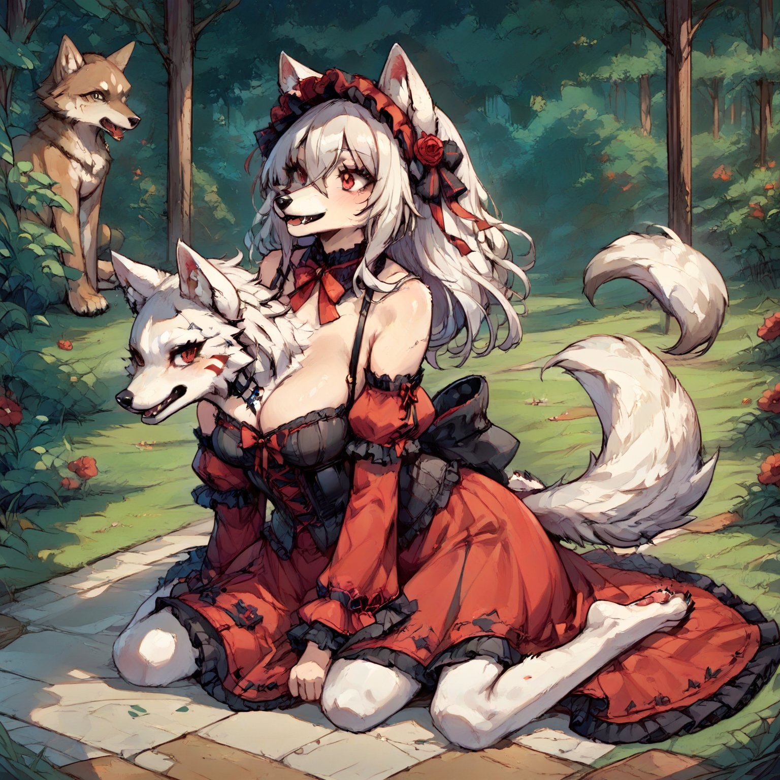 Wolf Girl in Gothic Lolita attire: a full-body portrait of a mystical figure with white fur covering her entire body, including ears and tail. Her piercing red eyes seem to hold a secrets as she poses confidently amidst a mysterious atmosphere. Score: 9+. Anime-inspired illustration with a hint of furry fantasy.,score_9,score_8_up,score_7_up,source_anime,BREAK,furry