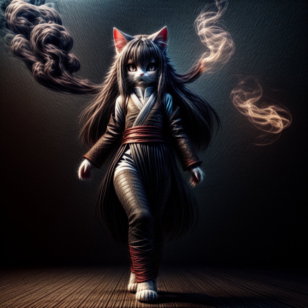 ((((full body)))),kunoichi, neko, girl, fur body, dark color fur, fluffy fur, pointy cat ears, long curly cat ears, absurdly long cherry hair, black eyes, smoke fur,cateyes