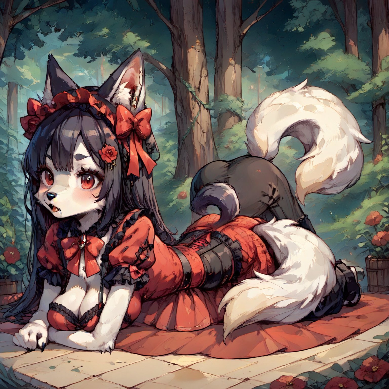 Wolf Girl in Gothic Lolita attire: a full-body portrait of a mystical figure with white fur covering her entire body, including ears and tail. Her piercing red eyes seem to hold a secrets as she poses confidently amidst a mysterious atmosphere. Score: 9+. Anime-inspired illustration with a hint of furry fantasy.,score_9,score_8_up,score_7_up,source_anime,BREAK,furry