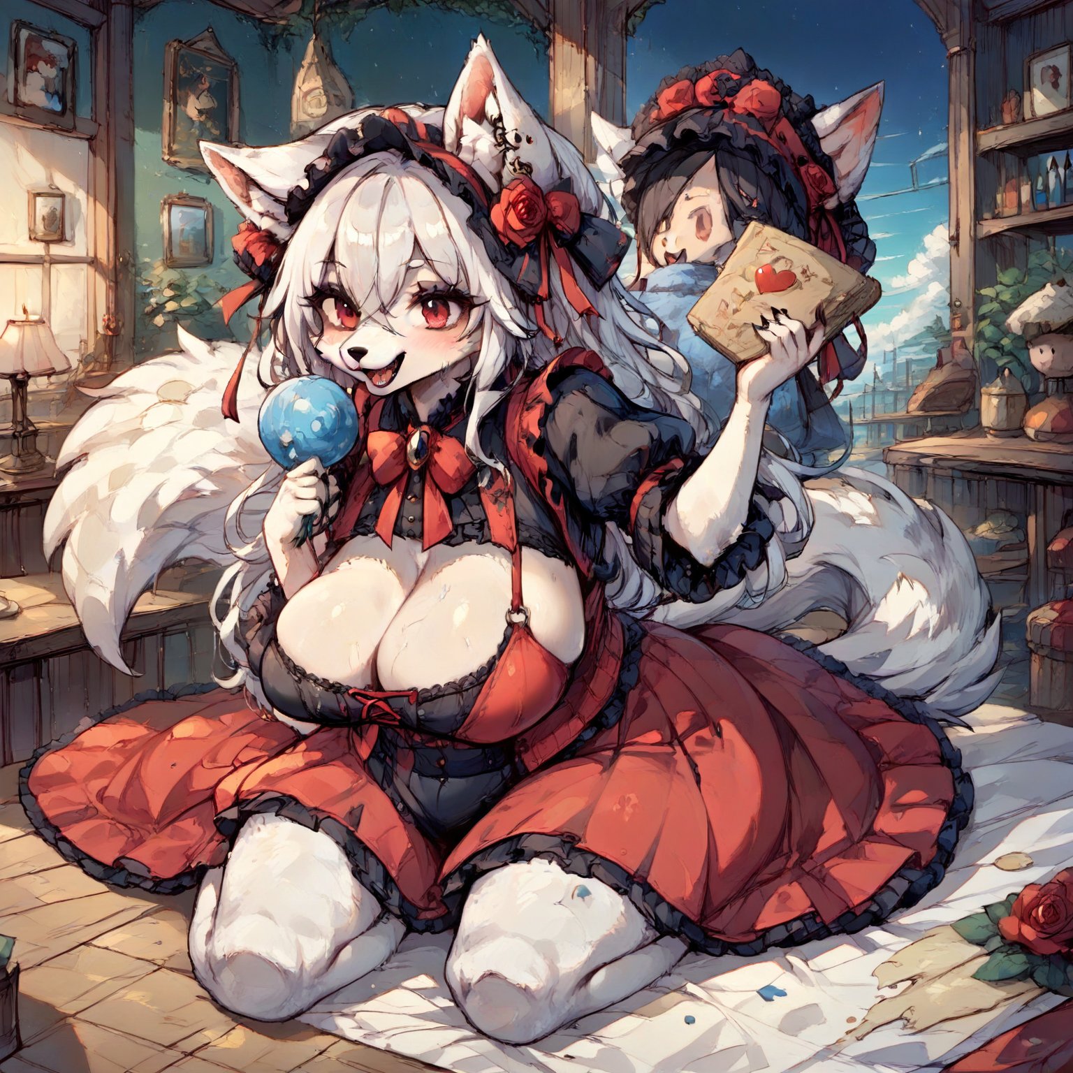 Wolf Girl in Gothic Lolita attire: a full-body portrait of a mystical figure with white fur covering her entire body, including ears and tail. Her piercing red eyes seem to hold a secrets as she poses confidently amidst a mysterious atmosphere. Score: 9+. Anime-inspired illustration with a hint of furry fantasy.,score_9,score_8_up,score_7_up,source_anime,BREAK,furry,more detail XL