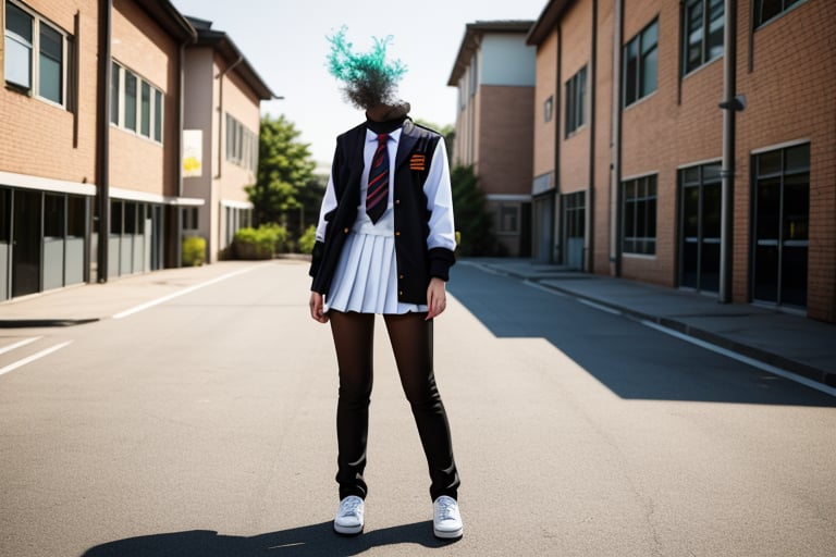 ((full body)),A petite teenage dullahan with flowing black hair and a mischievous smile, wearing a modern school uniform, holding her own head under one arm while playfully interacting with her friends in a vibrant schoolyard setting. The scene captures a blend of fantasy and everyday life, showcasing her unique character traits and the whimsical nature of her existence.,DisembodiedHead,holding head,headless