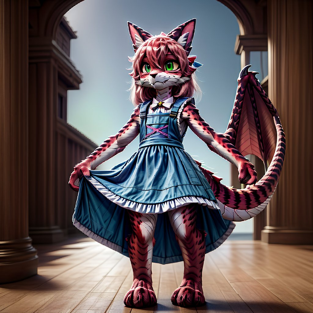 ((((full body)))), A majestic loli dragon neko stands before us. Her dark-scaled skin glistens in the soft, warm light, as if infused with an inner glow. Feline features are prominent - cat ears perked up and a long, fluffy tail extending from her posterior. A Lolita dress of mixed red, pink, and black patterns wraps around her slender form, creating a striking contrast against her dark scales. The overall composition is framed by a subtle gradient of blues and purples in the background, subtly evoking a sense of mystique and wonder.,green reptile hands,Monster girl,Dragon girl,furry,furry female,body fur,animal ear fluff,animal ears,fang