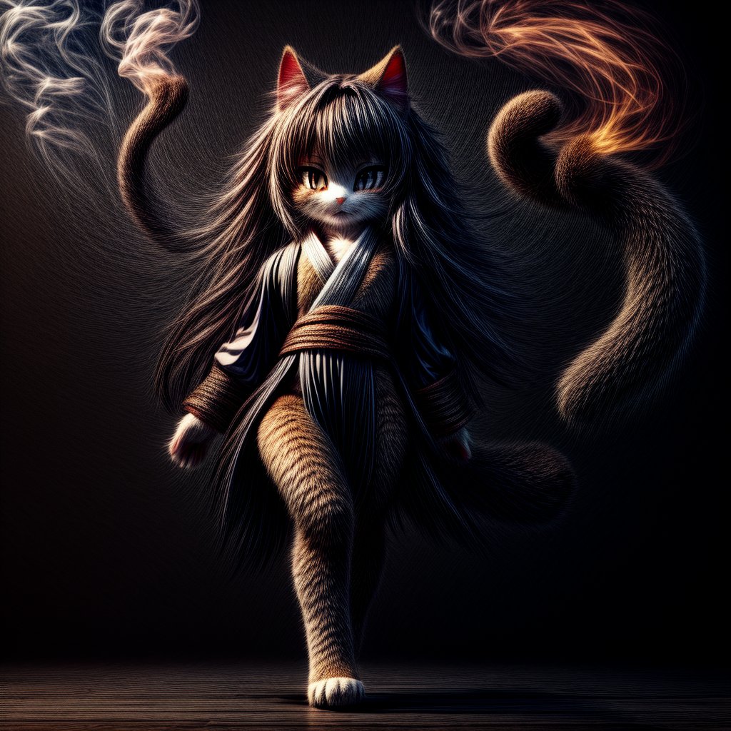 ((((full body)))),kunoichi, neko, girl, fur body, dark color fur, fluffy fur, pointy cat ears, long curly cat ears, absurdly long cherry hair, black eyes, smoke fur,cateyes, throwing shuriken