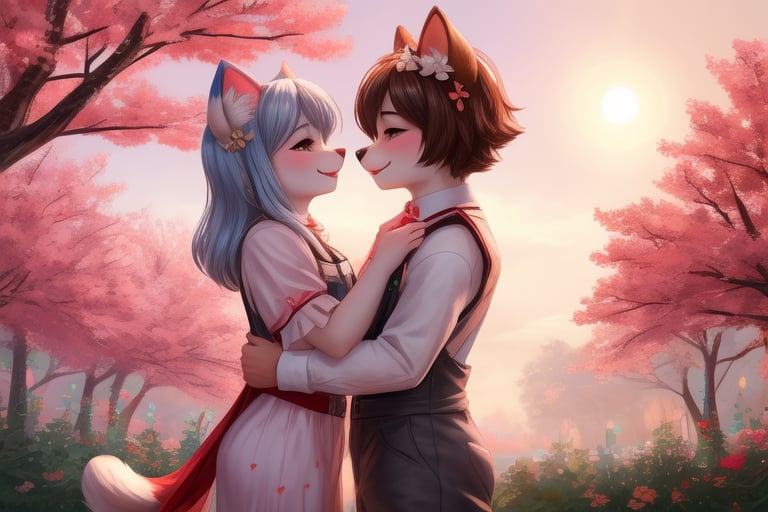 Full body,Two Neko girls in a vibrant fantasy setting, one with fur-covered features and a playful expression, engaging in a tender moment. The scene depicts the futa sister affectionately embracing her sibling, creating a warm atmosphere filled with love. Include a speech bubble that reads 'Love you, sis,' capturing their close bond. The background should feature whimsical elements like cherry blossom trees and soft pastel colors to enhance the overall affectionate