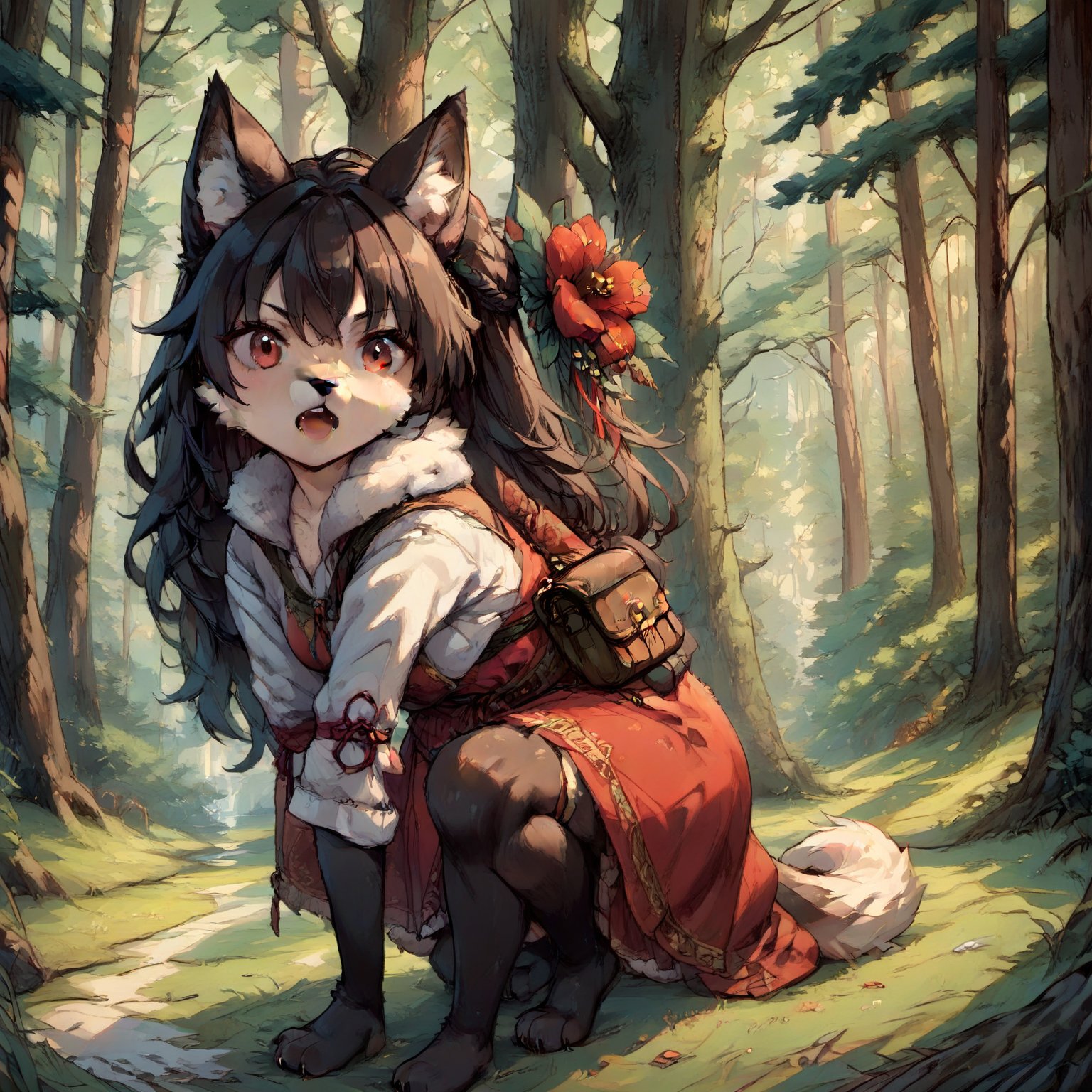 A wolf girl posing in a snowy forest clearing, surrounded by tall trees and a hint of mist. Her white fur glistens under the soft, warm lighting, with her wolf ears perked up and red eyes gleaming with a fierce intensity. She sits confidently, her long white tail wrapped around her legs like a symbol of power. The camera captures her from a slight angle, emphasizing her striking features and the textures of her fur. Anime-style artistry shines through in the stylized design and vibrant colors.,score_9,score_8_up,score_7_up,source_anime,BREAK,furry