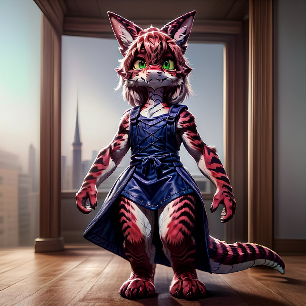 ((((full body)))), A majestic loli dragon neko stands before us. Her dark-scaled skin glistens in the soft, warm light, as if infused with an inner glow. Feline features are prominent - cat ears perked up and a long, fluffy tail extending from her posterior. A Lolita dress of mixed red, pink, and black patterns wraps around her slender form, creating a striking contrast against her dark scales. The overall composition is framed by a subtle gradient of blues and purples in the background, subtly evoking a sense of mystique and wonder.,green reptile hands,Monster girl,Dragon girl,furry,furry female,body fur,animal ear fluff,animal ears,fang