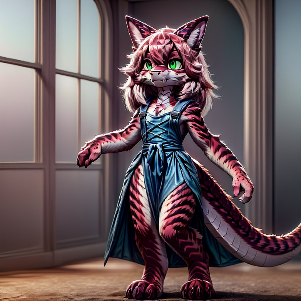 ((((full body)))), A majestic loli dragon neko stands before us. Her dark-scaled skin glistens in the soft, warm light, as if infused with an inner glow. Feline features are prominent - cat ears perked up and a long, fluffy tail extending from her posterior. A Lolita dress of mixed red, pink, and black patterns wraps around her slender form, creating a striking contrast against her dark scales. The overall composition is framed by a subtle gradient of blues and purples in the background, subtly evoking a sense of mystique and wonder.,green reptile hands,Monster girl,Dragon girl,furry,furry female,body fur,animal ear fluff,animal ears,fang