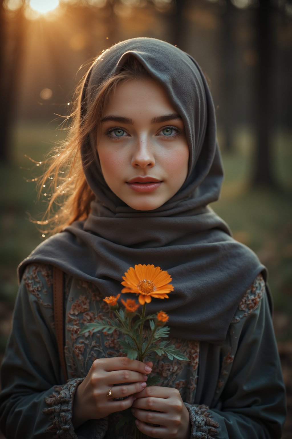 Portrait of a Caucasian  hijab beautiful girl holding the most delicate flower, blured forest background, morning sunrise, 8k