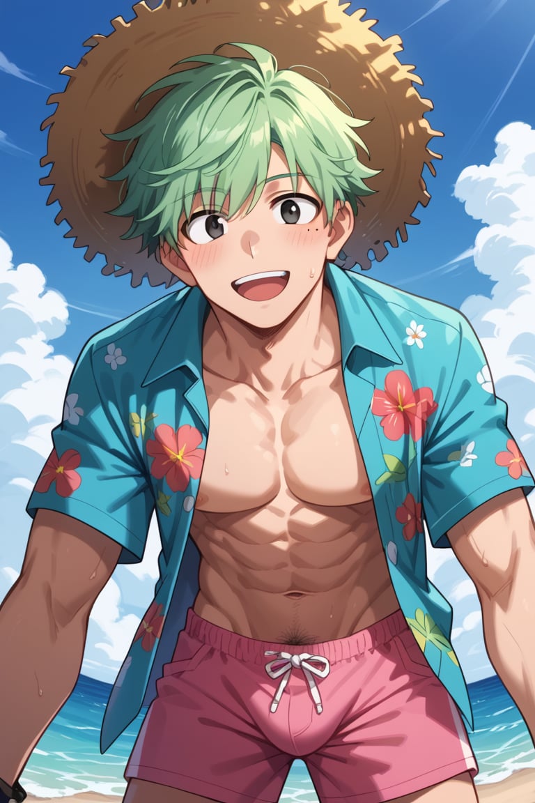 Prompt: Prompt: score_8_up, score_7_up, Expressiveh, masterpiece, best quality, best aesthetics, perfect anatomy, perfect proportions, high resolution, good colors, bright skin, good shading, good eyes, countershading, well detailed background, BREAK, male focus, 1boy, midoriya, green hair, black eyes, mole under eye, BREAK, 1boy, hat, viewed from below, open mouth, outdoors, pink shorts, hawaiian shirt smile, open shirt, looking at viewer, navel, day, blue shorts, :d, straw hat, male pubic hair, toned male, leaning forward, ocean, leather bracelet, blush, sky, cowboy shot, 