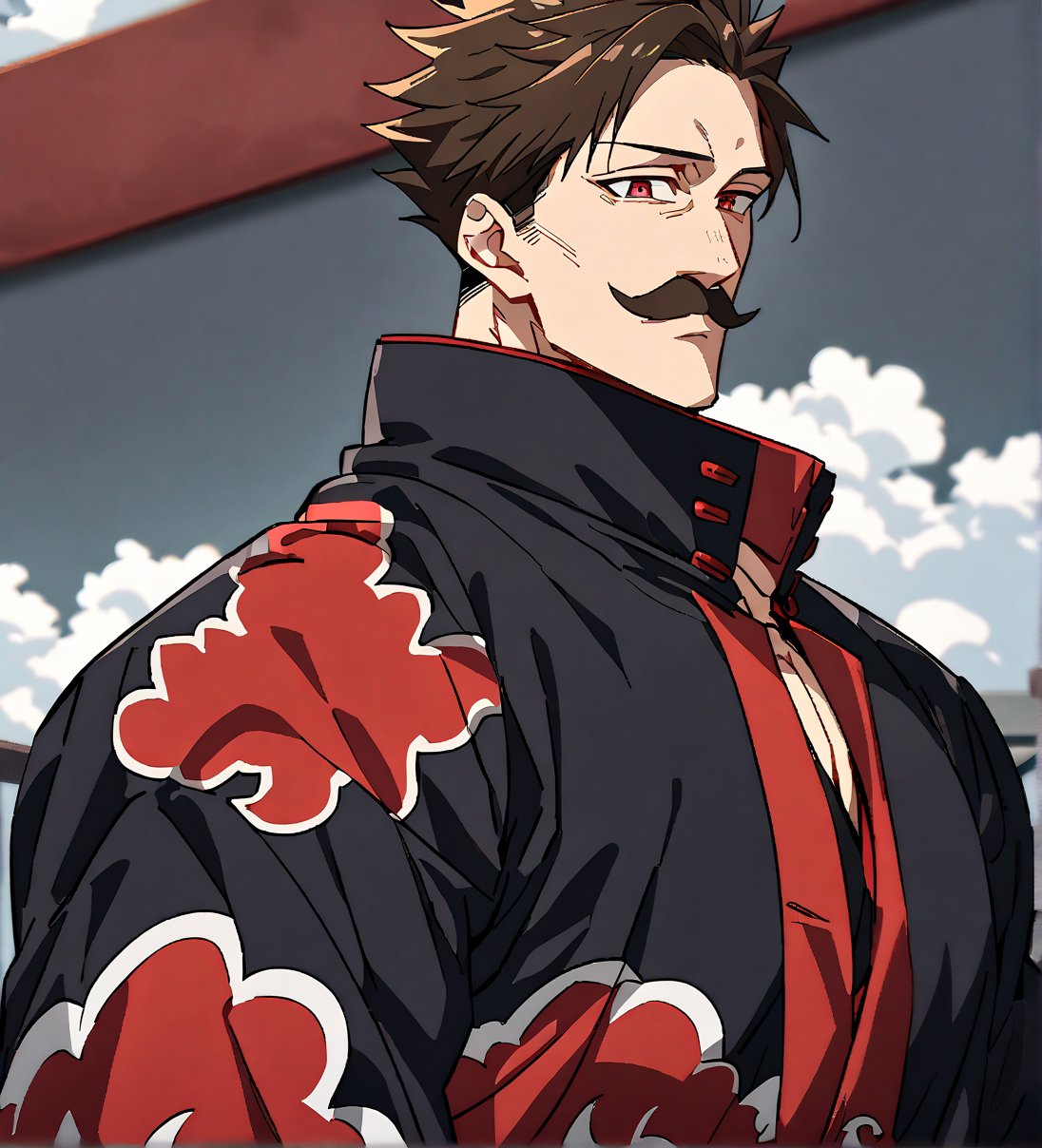 score_9,1boy, men, solo, upper body, focus male,short hair,  17 years old, dark brown hair, straight hair, baggy eyes , muscle body, red eyes, Beautiful eyes, defined body, dark colors, kimono, hayato gokudera, moustache, big muscles, akatsuki coat, black cloths with red clouds, akatsuki cloths,