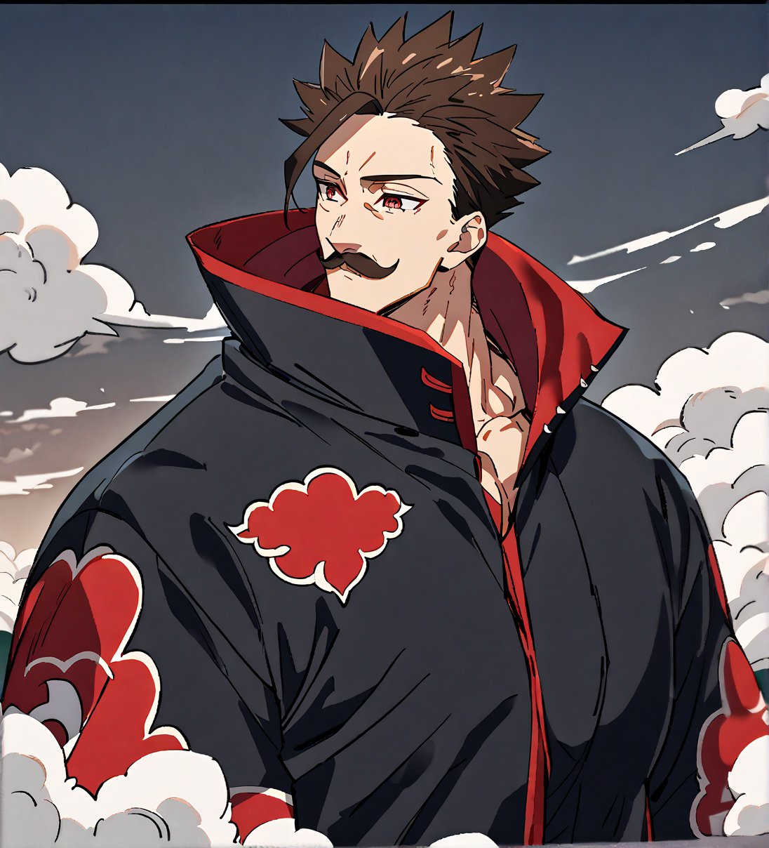 score_9,1boy, men, solo, upper body, focus male,short hair,  17 years old, dark brown hair, straight hair, baggy eyes , muscle body, red eyes, Beautiful eyes, defined body, dark colors, kimono, hayato gokudera, moustache, big muscles, akatsuki coat, black cloths with red clouds, akatsuki cloths,