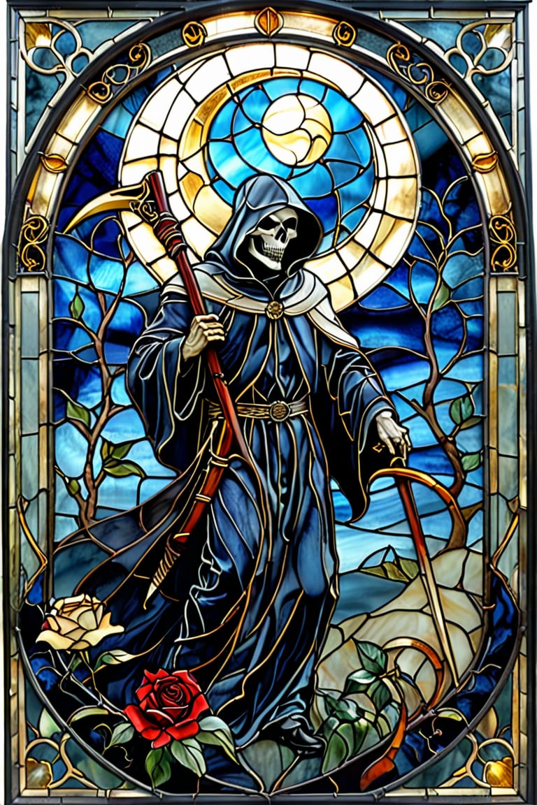 A stunning stained glass artwork. At its center, there's a grim reaper with intricately scythe, set against a deep blue backdrop. Crescent moon overhead, black robes, black roses underfoot