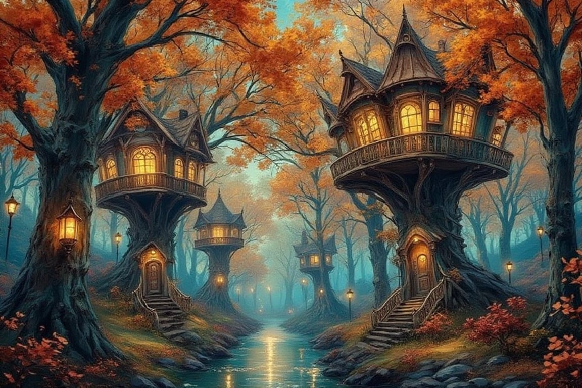 Forest settlement with tree houses atop the large autumn oaks, filigree otherwordly architecture, bright lights, smudge, splash, stain, watercolor, alphonse mucha, rococo, iridescent, whimsical, hd fine art, concept art, fantasy art, unreal engine, colorful, intricate, elaborate, volumetric lighting, 8K, ultra hd, realistic, vivid colors, highly detailed, UHD drawing, pen and ink, perfect composition, beautiful detailed intricate insanely detailed octane render trending on artstation, 8k artistic photography, photorealistic concept art, soft natural volumetric cinematic perfect light, perfect composition, beautiful detailed intricate insanely detailed octane render trending on artstation, 8 k artistic photography, photorealistic concept art, soft natural volumetric cinematic perfect light
