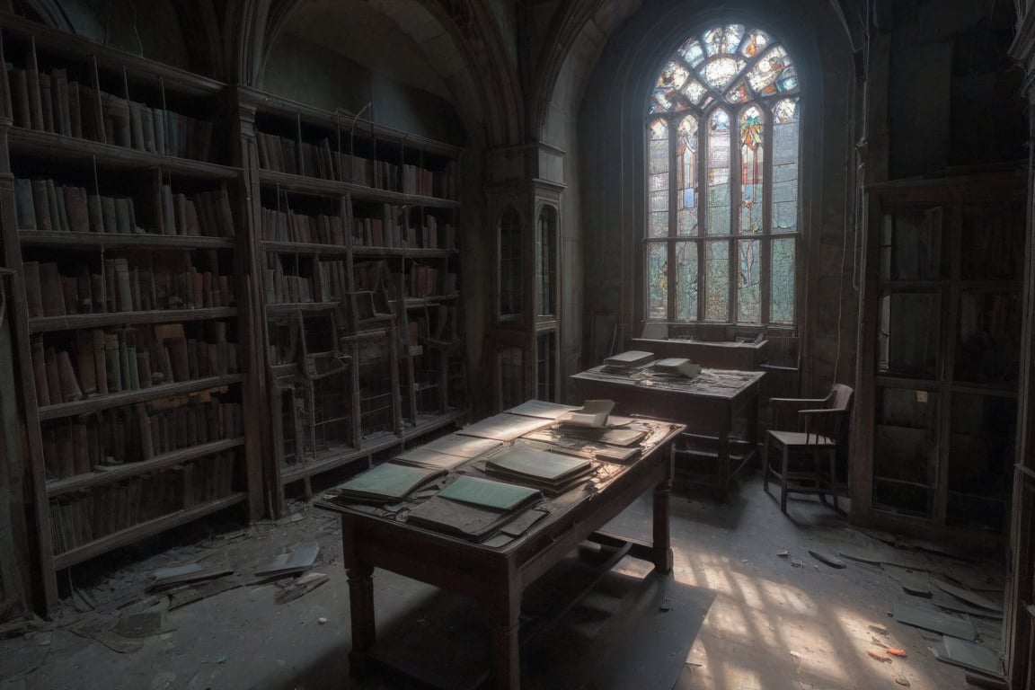 old abandoned library, two levels, dirty stained glass windows, light shaft illuminating long table with old book opened on top