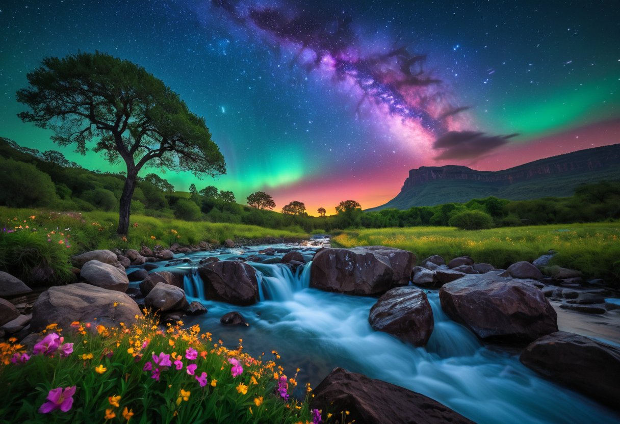 Realistic photograph of  the River of Eternity, an awesome cosmic Aurora nebula starfall river meandering through the fantastical Cavern of Luminous Wonder, filled with life,captured with a Canon EOS R6 Mark II and a 35mm f/2.8 lens, natural light. Crystalline flowers grow alongside iridescent gemstone boulders, surrounded by vibrant multi-colored flowers and tall grass, as a huge waterfall spews forth a column of multicolored light, and the Tree of Life glows in the center, the life-apples (the fruit of ambrosia) glimmers between the leaves. The river is filled with cosmic Aurora nebula starfall, the literal River of stars flowing from the Tree of Life. Emphasize the many gemstone boulders, amethyst, sapphire, topaz, ruby, and emerald, the gemstones glow and deliver serene radiance to the cavern in this vibrant nightshot, dark HDR skyline. gorgeous landscape photography, aesthetic stellar photography, vivacious, captivating and enigmatic, artistic and elegant, very detailed, high resolution digital photography, soft illumination, backlighting, professional color grading, perfectly clear, fireflies swarming in the distance