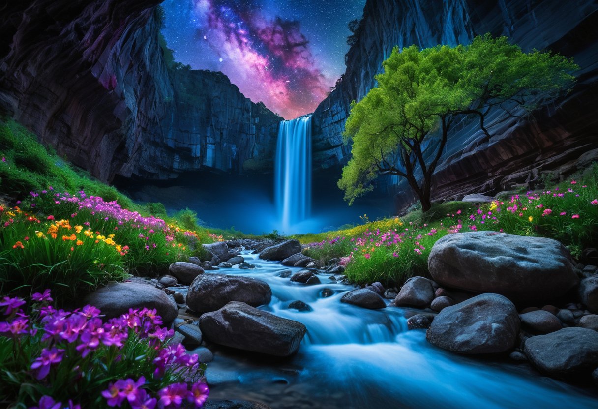 Realistic photograph of  the River of Eternity, an awesome cosmic Aurora nebula starfall river meandering through the fantastical Cavern of Luminous Wonder, filled with life,captured with a Canon EOS R6 Mark II and a 35mm f/2.8 lens, natural light. Crystalline flowers grow alongside iridescent gemstone boulders, surrounded by vibrant multi-colored flowers and tall grass, as a huge waterfall spews forth a column of multicolored light, and the Tree of Life glows in the center, the life-apples (the fruit of ambrosia) glimmers between the leaves. The river is filled with cosmic Aurora nebula starfall, the literal River of stars flowing from the Tree of Life. Emphasize the many gemstone boulders, amethyst, sapphire, topaz, ruby, and emerald, the gemstones glow and deliver serene radiance to the cavern in this vibrant nightshot, dark HDR skyline. gorgeous landscape photography, aesthetic stellar photography, vivacious, captivating and enigmatic, artistic and elegant, very detailed, high resolution digital photography, soft illumination, backlighting, professional color grading, perfectly clear, fireflies swarming in the distance