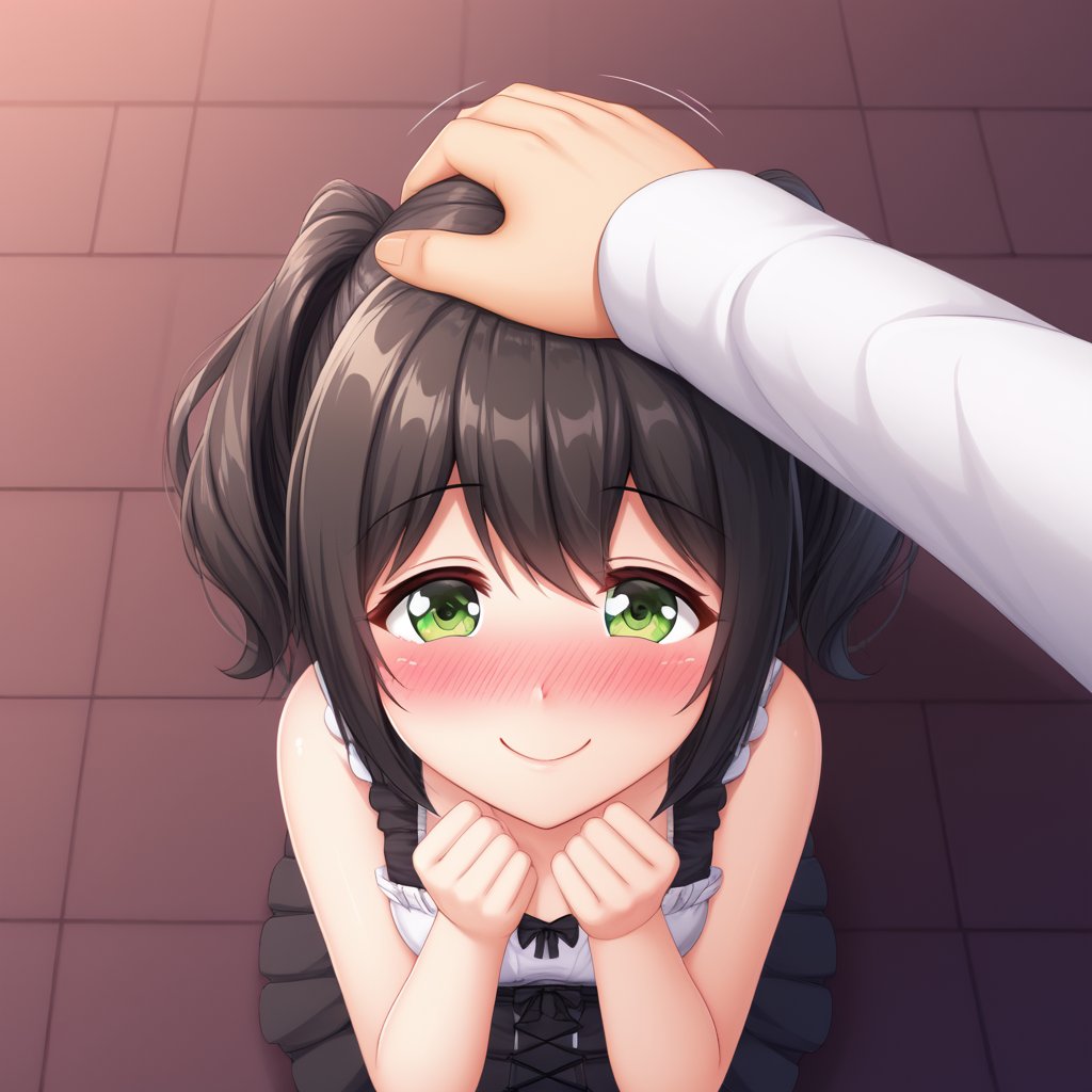 cute girl, shy smile, headpat, blushing, pov hands, head pat