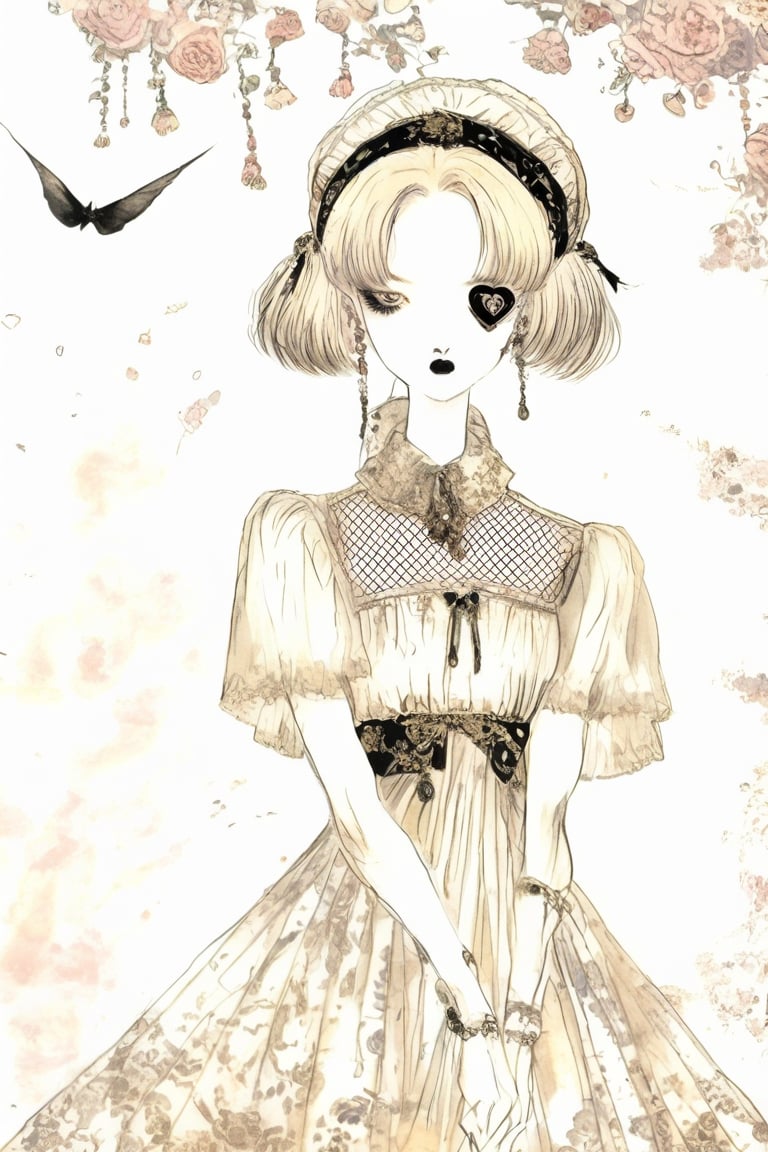 maximum Kitsch and chaos shoujyo manga style,
1goth girl,sickness, ultra cute Harajuku Style grunge fashion, somber black fairy Lolita themes, albino demon girl,(pure white Extreme long hair),(red sclera;1.2),luxury mesh fishnet blouse,dal-1,ct-niji2, watercolor \(medium\), black heart shaped eye patch, elegant, amano style, 