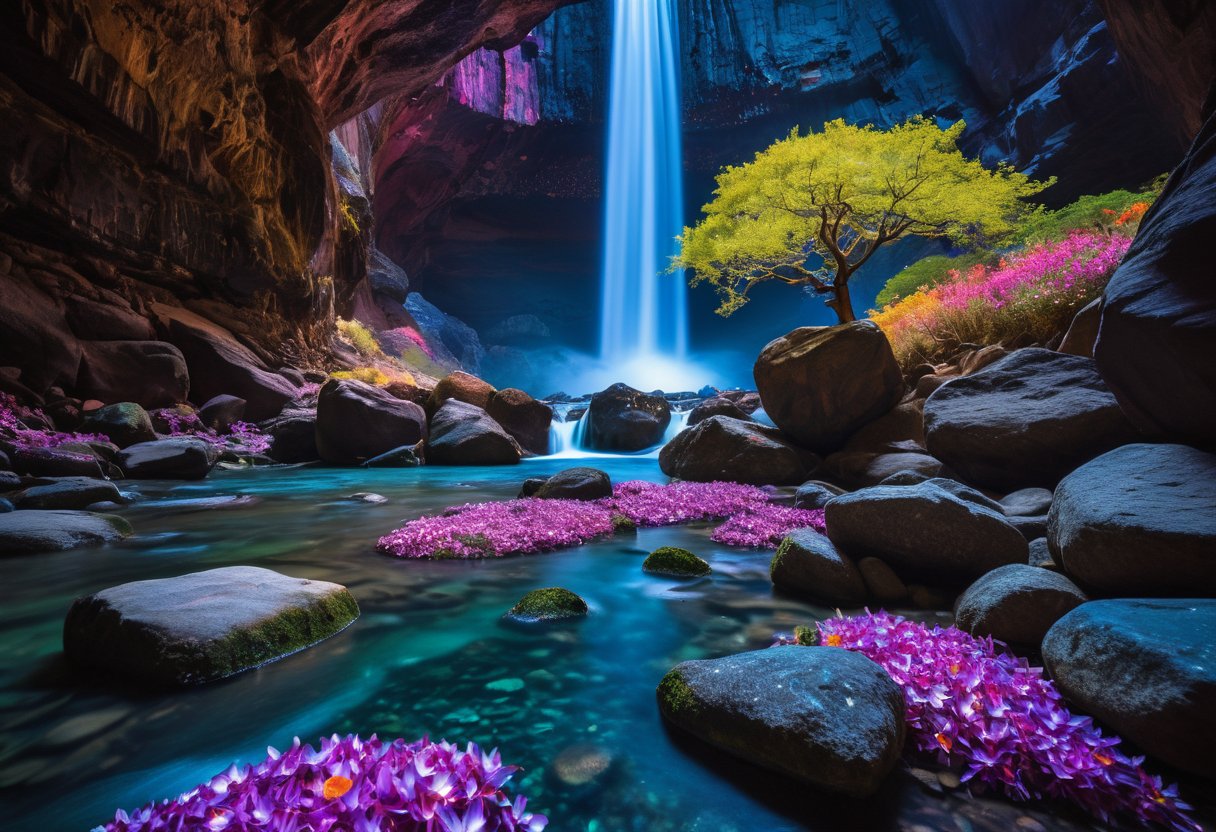 Realistic photograph of  the River of Eternity, an awesome cosmic Aurora nebula starfall river meandering through the fantastical Cavern of Luminous Wonder, filled with life,captured with a Canon EOS R6 Mark II and a 35mm f/2.8 lens, natural light. Crystalline flowers grow alongside iridescent gemstone boulders, surrounded by vibrant multi-colored flowers and tall grass, as a huge waterfall spews forth a column of multicolored light, and the Tree of Life glows in the center, the life-apples (the fruit of ambrosia) glimmers between the leaves. The river is filled with cosmic Aurora nebula starfall, the literal River of stars flowing from the Tree of Life. Emphasize the many gemstone boulders, amethyst, sapphire, topaz, ruby, and emerald, the gemstones glow and deliver serene radiance to the cavern in this vibrant nightshot, dark HDR skyline. gorgeous landscape photography, aesthetic stellar photography, vivacious, captivating and enigmatic, artistic and elegant, very detailed, high resolution digital photography, soft illumination, backlighting, professional color grading, perfectly clear, 