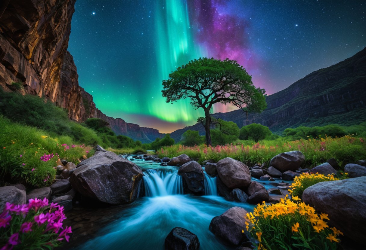 Realistic photograph of  the River of Eternity, an awesome cosmic Aurora nebula starfall river meandering through the fantastical Cavern of Luminous Wonder, filled with life,captured with a Canon EOS R6 Mark II and a 35mm f/2.8 lens, natural light. Crystalline flowers grow alongside iridescent gemstone boulders, surrounded by vibrant multi-colored flowers and tall grass, as a huge waterfall spews forth a column of multicolored light, and the Tree of Life glows in the center, the life-apples (the fruit of ambrosia) glimmers between the leaves. The river is filled with cosmic Aurora nebula starfall, the literal River of stars flowing from the Tree of Life. Emphasize the many gemstone boulders, amethyst, sapphire, topaz, ruby, and emerald, the gemstones glow and deliver serene radiance to the cavern in this vibrant nightshot, dark HDR skyline. gorgeous landscape photography, aesthetic stellar photography, vivacious, captivating and enigmatic, artistic and elegant, very detailed, high resolution digital photography, soft illumination, backlighting, professional color grading, perfectly clear, fireflies swarming in the distance