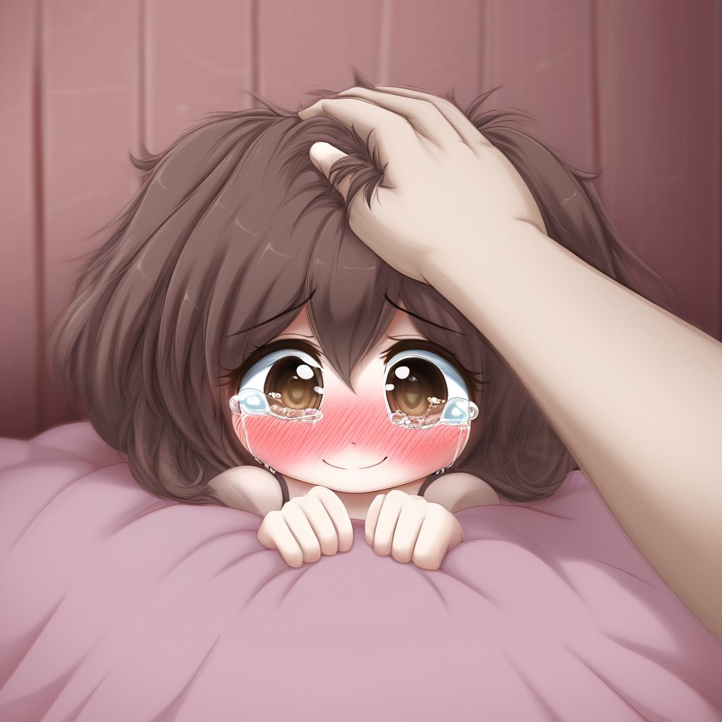 cute adorable girl, shy smile, headpat, blushing, pov hands, head pat, tears in corner of eyes