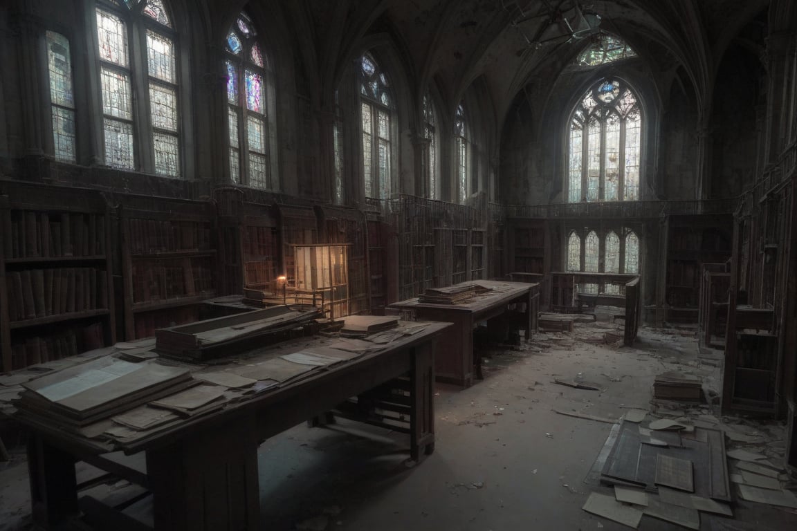 old abandoned library, two levels, dirty stained glass windows, light shaft illuminating long table with old book opened on top