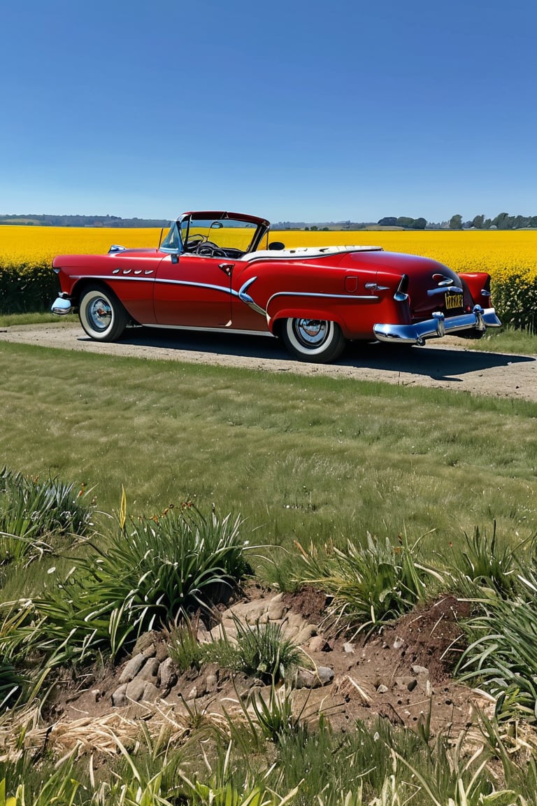 score_9, score_8_up, score_7_up, , BREAK 
Classic 50's car, cherry red, convertible, beautiful sunny day, parked in a field