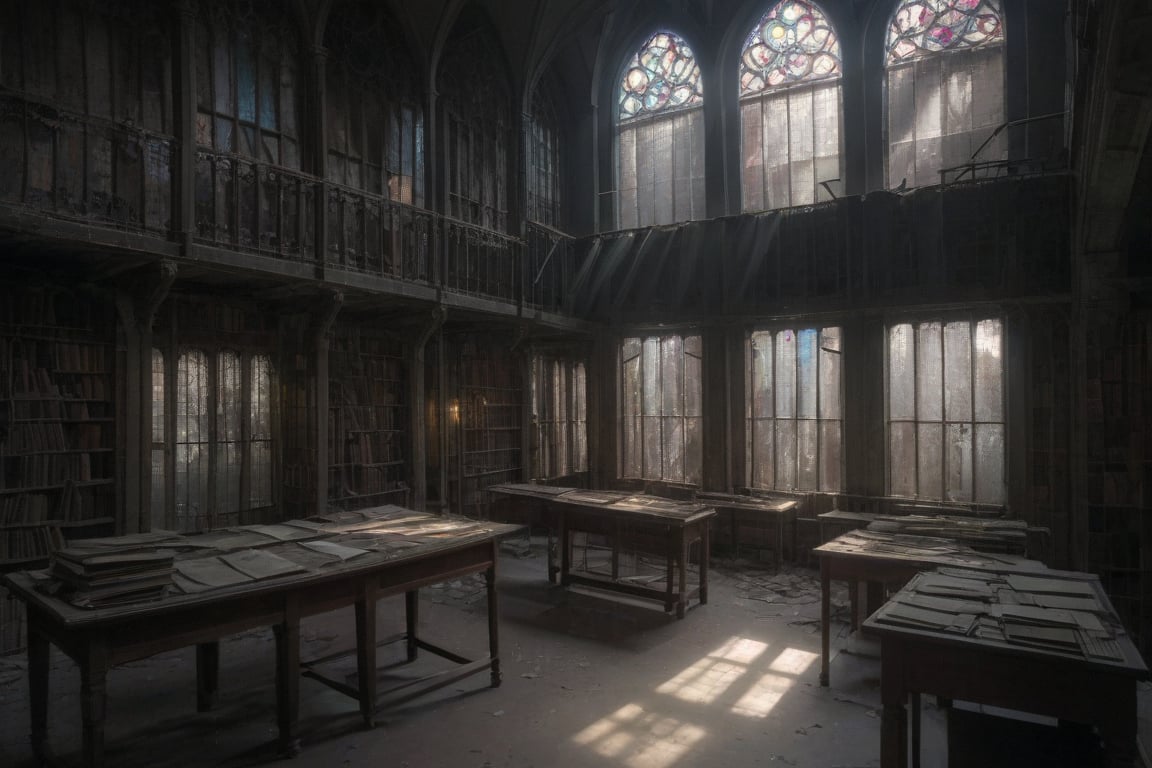 old abandoned library, two levels, dirty stained glass windows, light shaft illuminating long table with old book opened on top