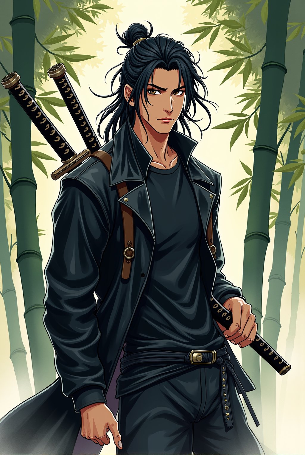 illustration art,ink chinese style,a hansome chinese man with long messy hair,wearing black shirt,black leather jacket,bring a long sword in his back,black sword cover,poster mood with dynamic pose,with bamboo leaf,bammboo forest background and smooky.