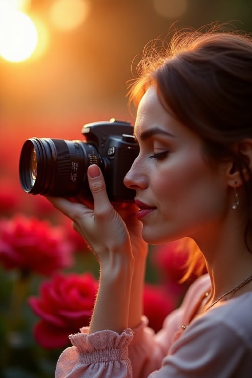 Ultra Hyper-realistic.Hyper-detailed.UHD.HD.8K.A beautiful woman holding a hightect cinema camera to shoot a photography o...