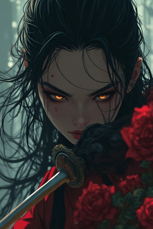 ANIME:A cinematic shot of an imposing figure emerging from the darkness: an acient Orental dynamic stands and holding her sword weapon emit rustling of red roses,eyes scanning the desolate wildreness as she clutes a gleaming silver sword with dragon's head hilt.its blade protuding from mouth.Scar above her left eyebrow tell's battles tale,ready to defend against all comers.Ultra-low angle wide-angle lens capture her commanding.,[FLUX]Chinese Woman The Ninja Warrior,ct-skyzo_identity