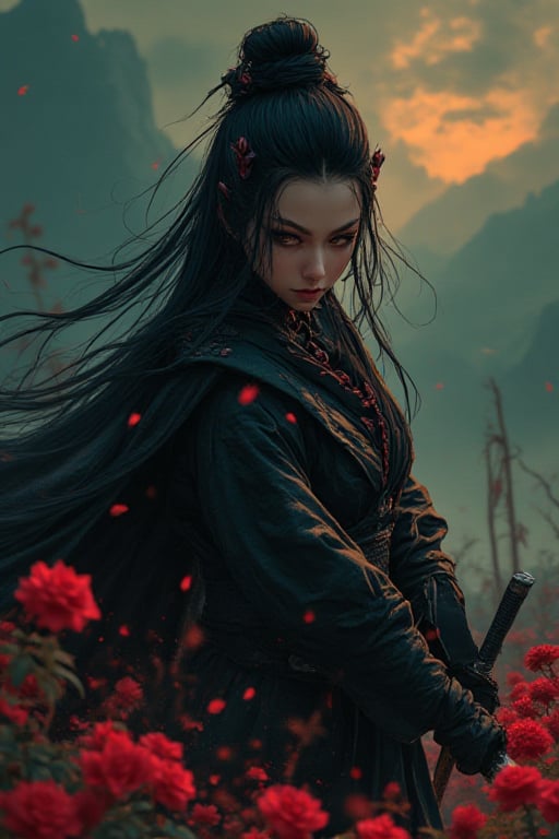 ANIME:A cinematic shot of an imposing figure emerging from the darkness: an acient Orental dynamic stands and holding her sword weapon emit rustling of red roses,eyes scanning the desolate wildreness as she clutes a gleaming silver sword with dragon's head hilt.its blade protuding from mouth.Scar above her left eyebrow tell's battles tale,ready to defend against all comers.Ultra-low angle wide-angle lens capture her commanding.,[FLUX]Chinese Woman The Ninja Warrior,ct-skyzo_identity