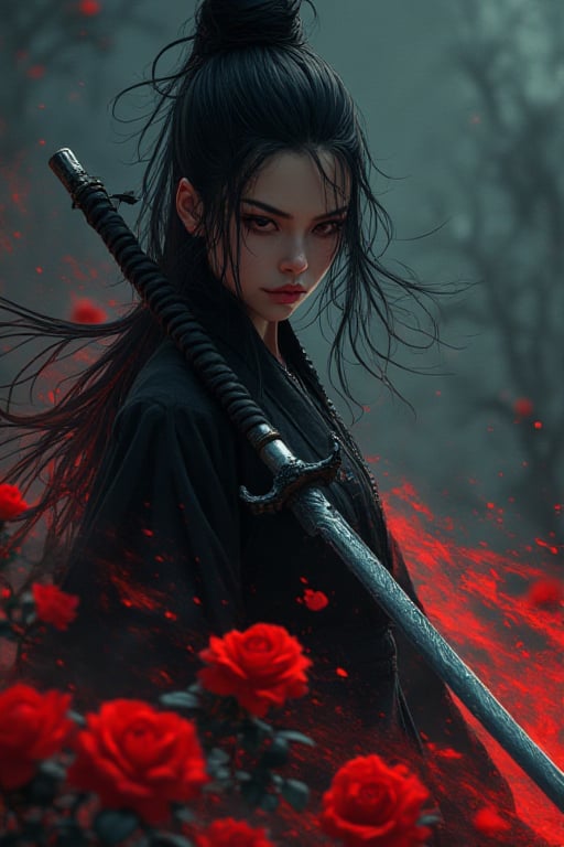 ANIME:A cinematic shot of an imposing figure emerging from the darkness: an acient Orental dynamic stands and holding her sword weapon emit rustling of red roses,eyes scanning the desolate wildreness as she clutes a gleaming silver sword with dragon's head hilt.its blade protuding from mouth.Scar above her left eyebrow tell's battles tale,ready to defend against all comers.Ultra-low angle wide-angle lens capture her commanding.,[FLUX]Chinese Woman The Ninja Warrior,ct-skyzo_identity