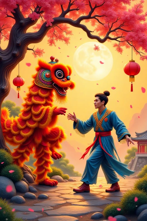 Chinese ink style art mix oil painting of two man as a lion chnese new year dancer,  with red and yellow color,  the lion...