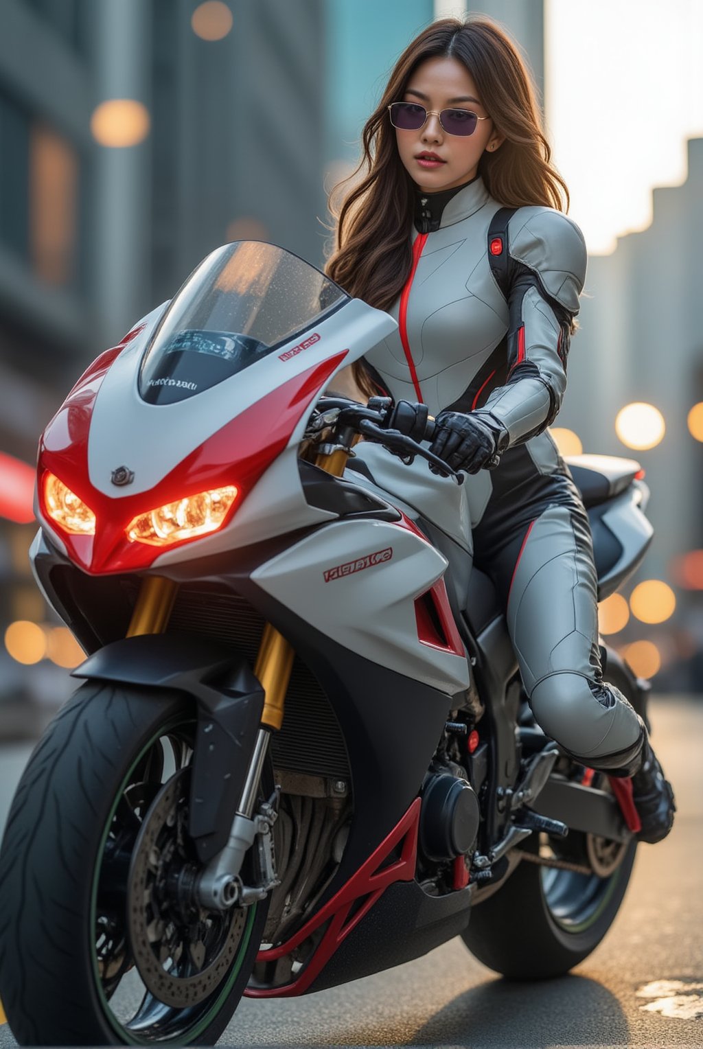 a cyborg girl in mecha armor,20yo,white and red colored armor,neon light lines glowing,exquisite face,soft shiny skin,long hair blowing,sunglasses,riding kawasaki ninja h2r at high speed,road backdrop,puddles,dynamic pose,focused expression,realistic,detailed,masterpiece,best quality,sharp focus,high contrast,rule of thirds,depth of perspective,trending on artstation,award-winning photo,chiaroscuro lighting,ek_g1rl_02,ek_art_b00ster