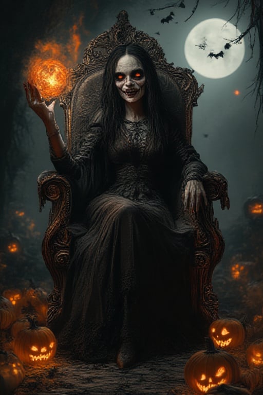 A mystical,oil-painted mix grunge paint:a respelended female vampire sits majestical on her throne bench wich carved and decorated with skulls,the female vampire wears a long and ragged black dress,has long black hair and is decorated with small bones in her hair,has scary red eyes and sharp looking,long and scary fangs,she is holding a ball of fire which shines in the palm of left hand,the light of fire ball reflects on the vampire's face,there are many Halloween scary face pumpkins as decorations on the brances and floor,the atsmosphere is with shabby and hairy trees,dark,gloomy,a thin cloud of smoke and bright moonlight behind it,