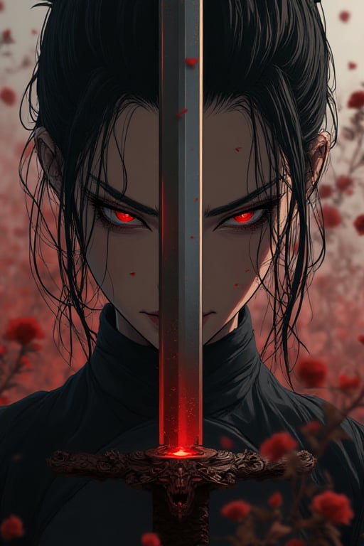 ANIME:A cinematic shot of an imposing figure emerging from the darkness: an acient Orental dynamic stands and holding her sword weapon emit rustling of red roses,eyes scanning the desolate wildreness as she clutes a gleaming silver sword with dragon's head hilt.its blade protuding from mouth.Scar above her left eyebrow tell's battles tale,ready to defend against all comers.Ultra-low angle wide-angle lens capture her commanding.,[FLUX]Chinese Woman The Ninja Warrior,ct-skyzo_identity