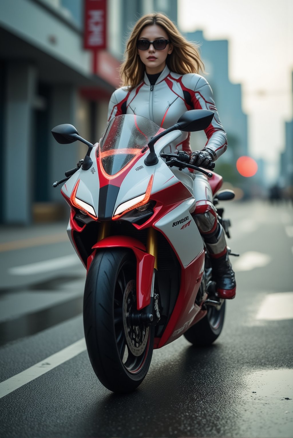 a cyborg girl in mecha armor,20yo,white and red colored armor,neon light lines glowing,exquisite face,soft shiny skin,long hair blowing,sunglasses,riding kawasaki ninja h2r at high speed,road backdrop,puddles,dynamic pose,focused expression,realistic,detailed,masterpiece,best quality,sharp focus,high contrast,rule of thirds,depth of perspective,trending on artstation,award-winning photo,chiaroscuro lighting,ek_g1rl_02,ek_art_b00ster