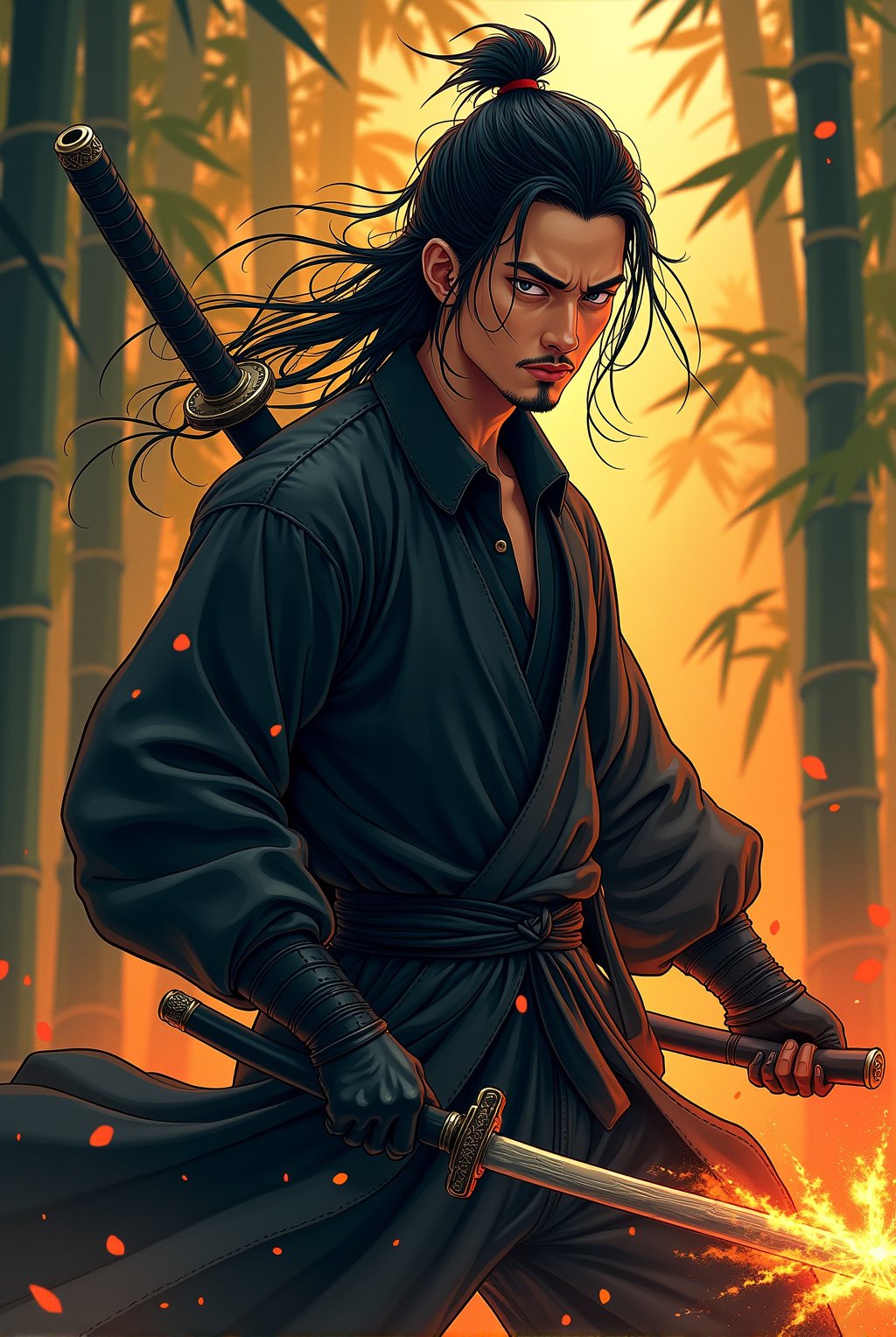 illustration art,ink chinese style,a hansome chinese man with long messy hair,wearing black shirt,black leather jacket,bring a long sword in his back,black sword splasing fire burning,poster mood with dynamic action fighting pose,with bamboo leaf,bammboo forest background and smooky.hyper-realistic,hyper-detailed,UHD,HD,64K,upper_6.