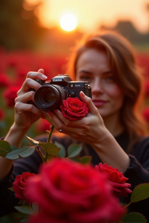 Ultra Hyper-realistic.Hyper-detailed.UHD.HD.8K.A beautiful woman holding a hightect cinema camera to shoot a photography o...