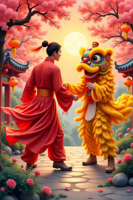 Chinese ink style art mix oil painting of two man as a lion chnese new year dancer,  with red and yellow color,  the lion...