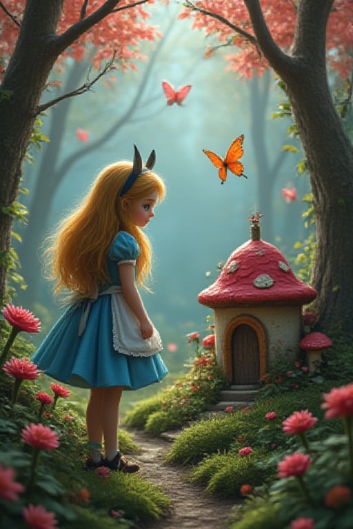 CANDY,generate a character of Alice in the wonderland with oil painting mix modern painting mix vibrant color in a mystical jungle of candy, the trees,mushroom,flower and mini playground house are make from colorful candy and choclate,with neon butterfly and bug there,hyperrealism,detailed,UHD,HD,upper_6.