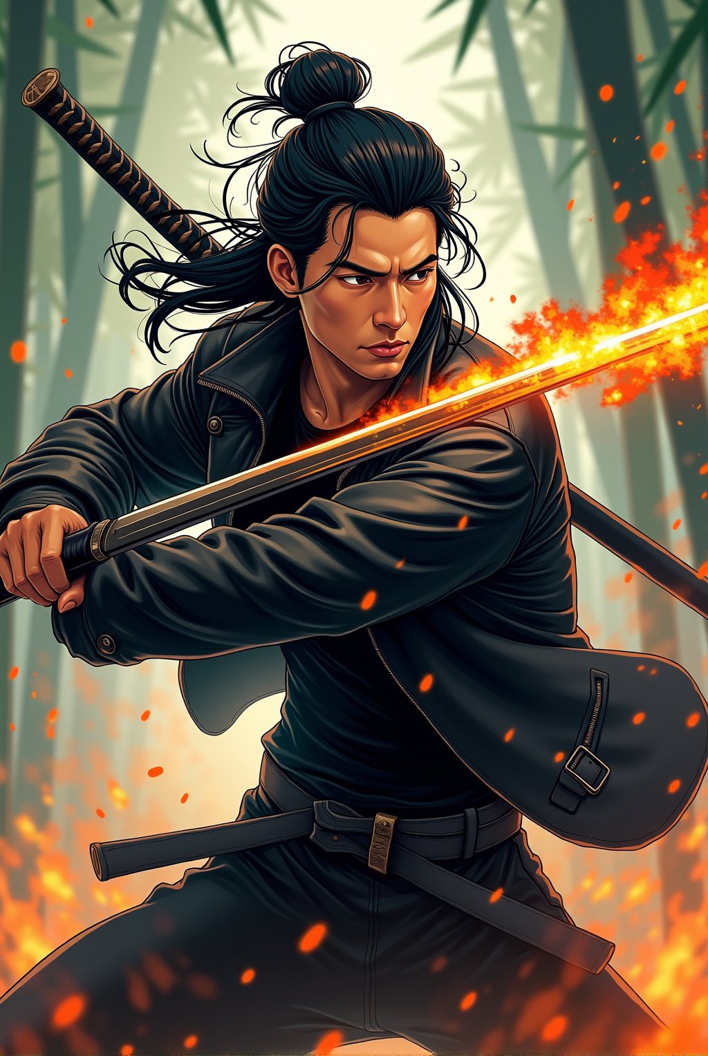 illustration art,ink chinese style,a hansome chinese man with long messy hair,wearing black shirt,black leather jacket,bring a long sword in his back,black sword splasing fire burning,poster mood with dynamic action fighting pose,with bamboo leaf,bammboo forest background and smooky.hyper-realistic,hyper-detailed,UHD,HD,64K,upper_6.