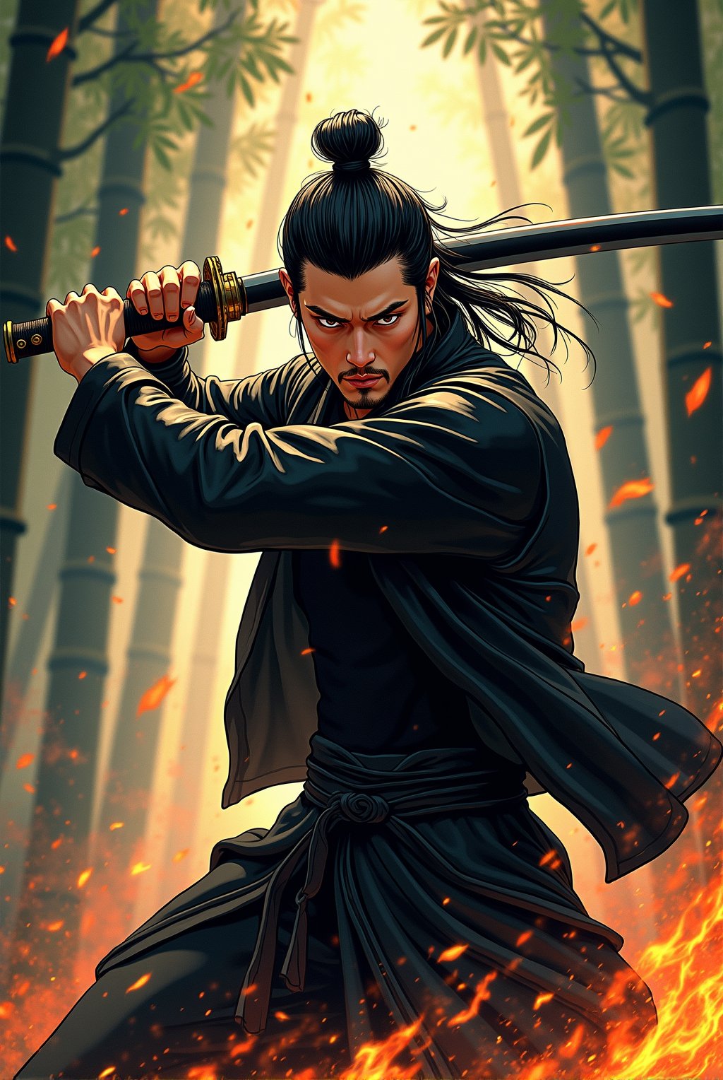 illustration art,ink chinese style,a hansome chinese man with long messy hair,wearing black shirt,black leather jacket,bring a long sword in his back,black sword splasing fire burning,poster mood with dynamic action fighting pose,with bamboo leaf,bammboo forest background and smooky.hyper-realistic,hyper-detailed,UHD,HD,64K,upper_6.