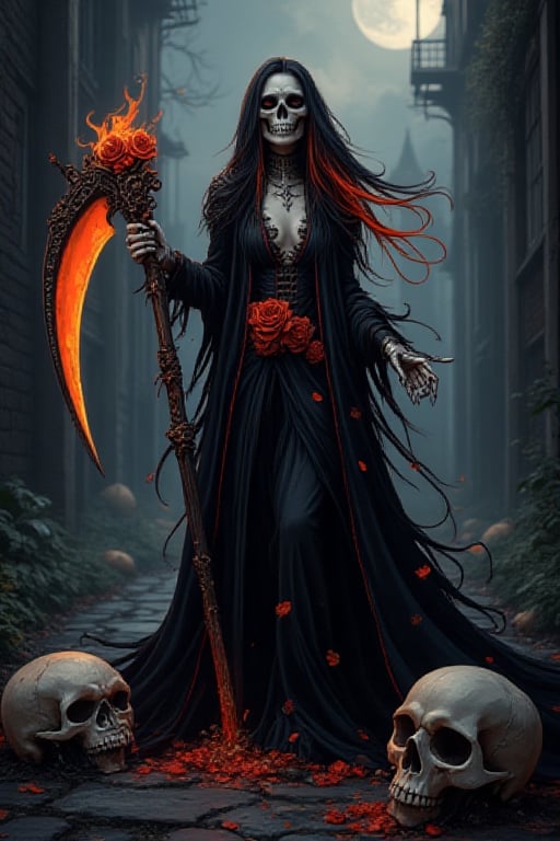 :Etherel loging-av.5:9-s 999-V.61,An incredibly beautiful female steampunk reaper with long black hair,bright Orange-Red streaks,a black velvet robe decorated with gothic partterns.She is holding a stunning scythe decorated with roses and skulls.Her gestures say you are next.Skulls lying arround her,standing on the creepy night,moonlight,Halloween blooming moody night,old castle ,foogy cloudy,EErie sginees in colours orange,red,violet,black background,hyperrealism.upper_7.,#HALLOWEEN skeleton guitarist