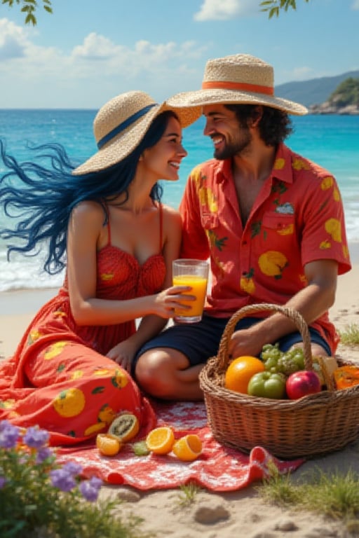 create,  oil painting a couple beautiful sweet and charm woman long flowing blue hair wearing a picnic hat and red dress p...